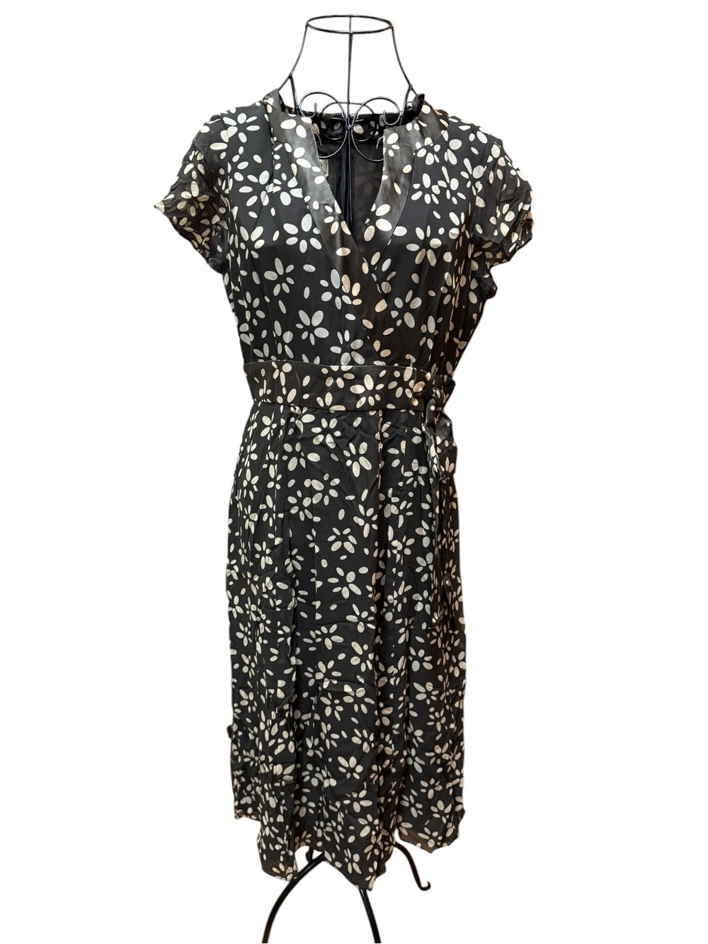 Vintage Talbots Petites Brown Pure Silk Dress Cream Floral Print Side Tie Waist